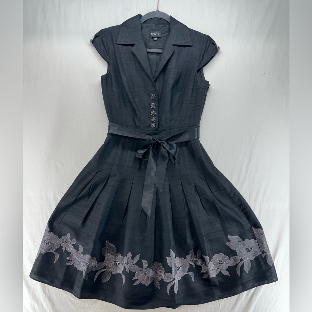 ADRIANNA PAPELL A Line Silk Embroidered Dress Knee Length Black Women's Size 4